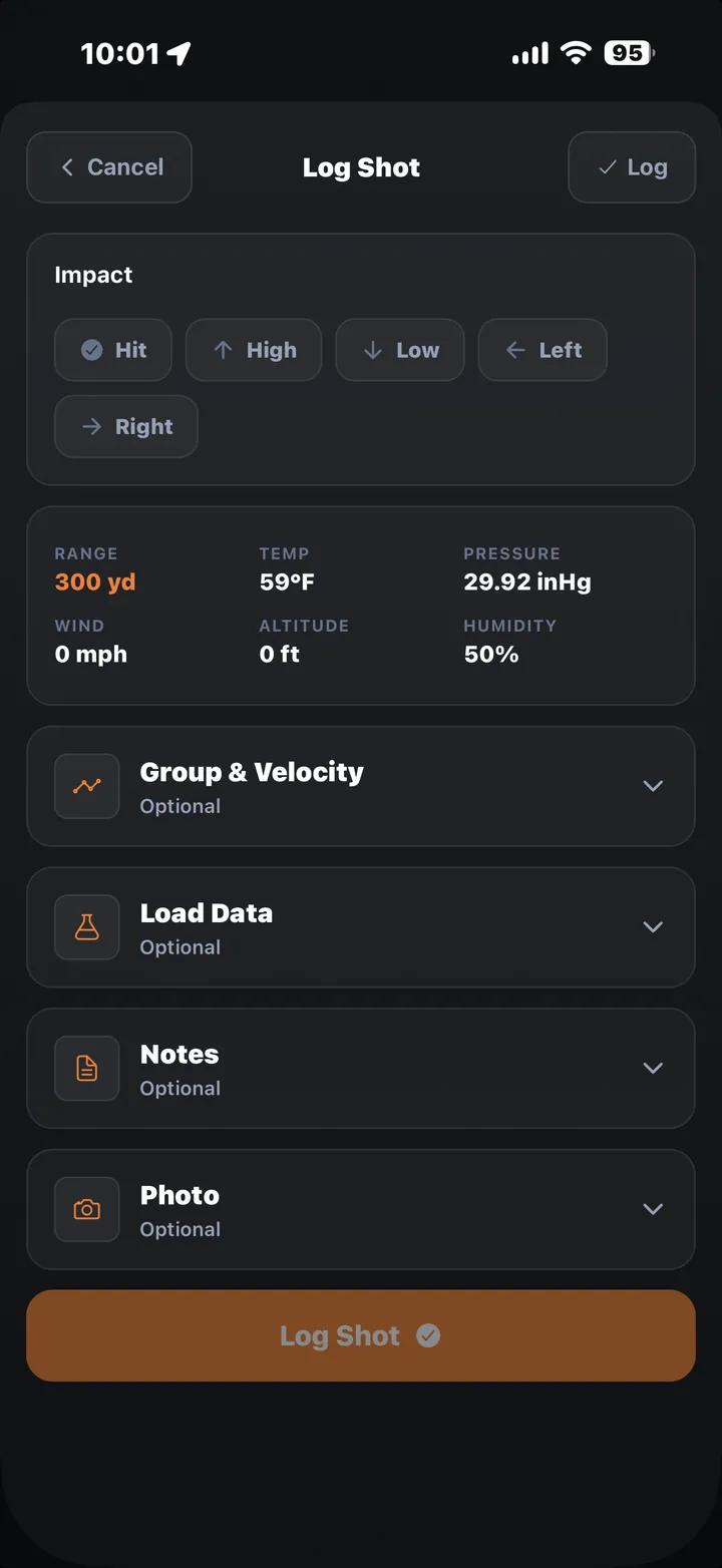 Shot log entry, mark the impact, add notes and a photo