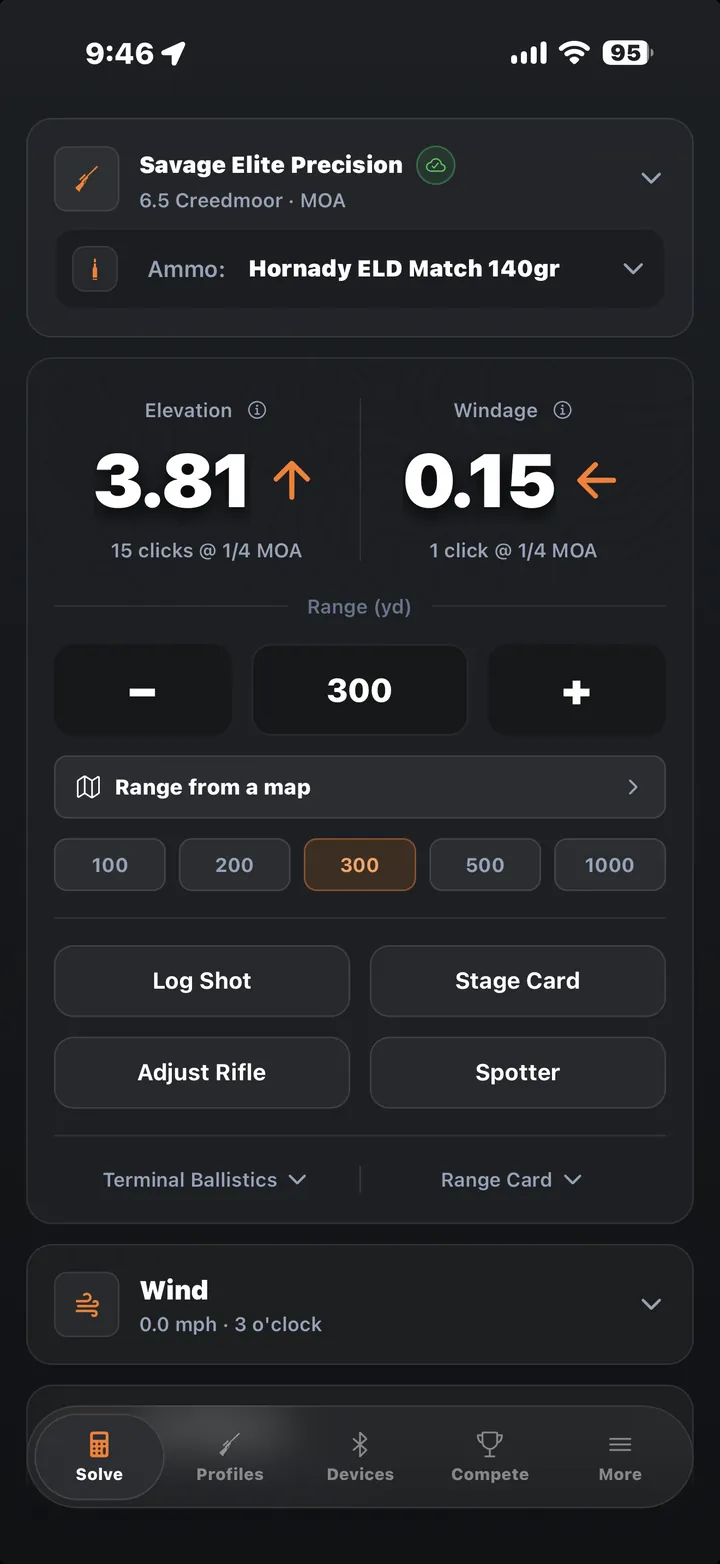 Solve screen with full elevation and windage output