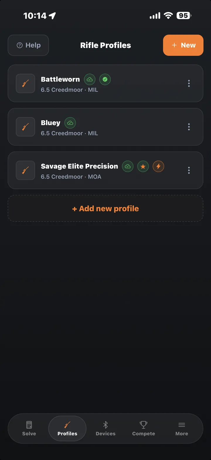 Profiles page, every rifle and its loads in one list