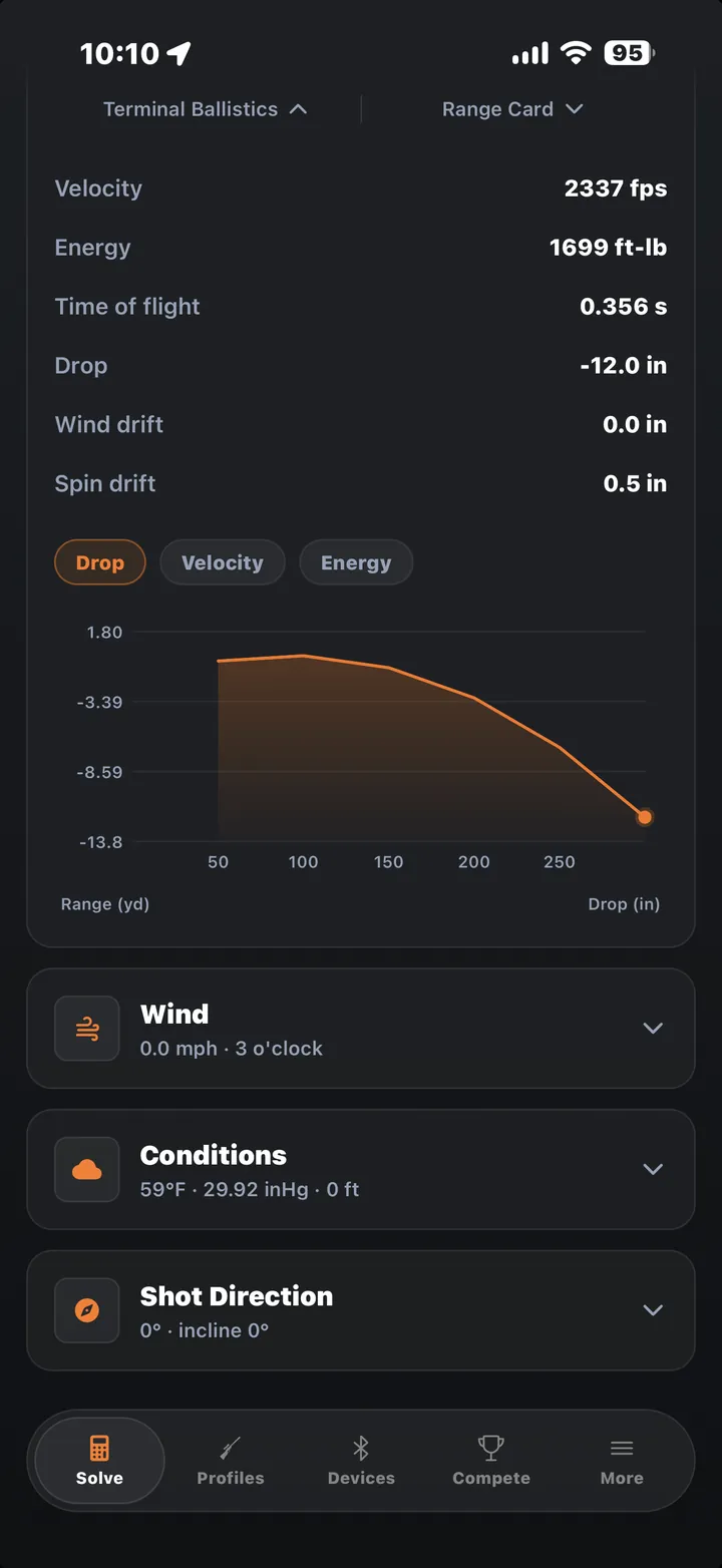 Terminal ballistics panel, velocity, energy and time of flight at the set range